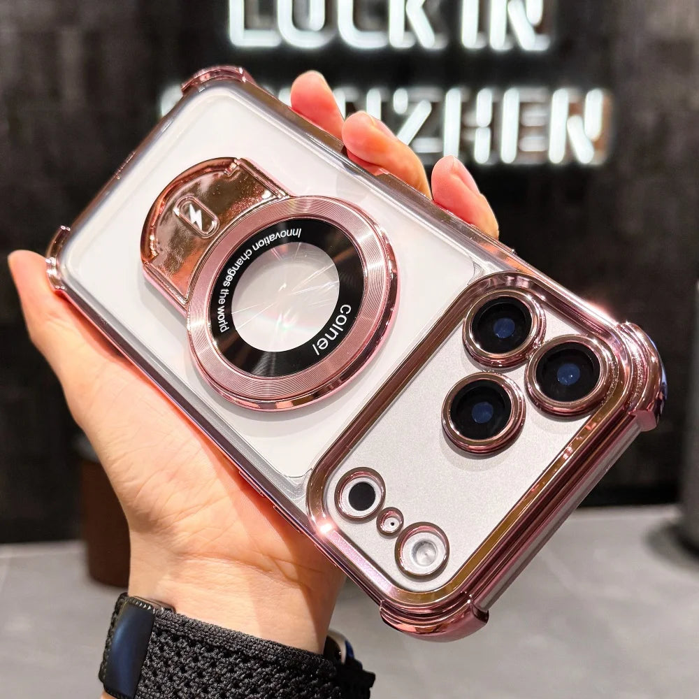 Plating Shockproof Magnetic Pulling Bracket Case For iPhone 17 16 15 14 Plus 13 12 11 Pro Max Air XR XS X Clear Bumper Cover