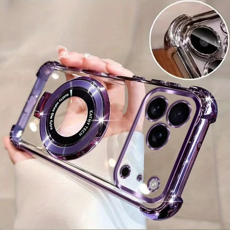 Premium Transparent Magnetic TPU Cover for iPhone 17 16 15 14 13 12 11 Pro Max 16 Plus 17 Air With Ring Stand Plated Clear Case