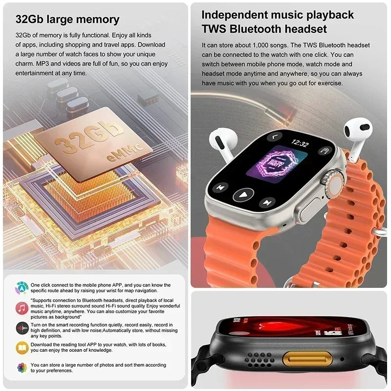 2025 New Original for Apple Watch Ultra Smart Watch Men 32G Memory MP4 Music Video 3D HD Bluetooth Call GPS Tracker smartwatches