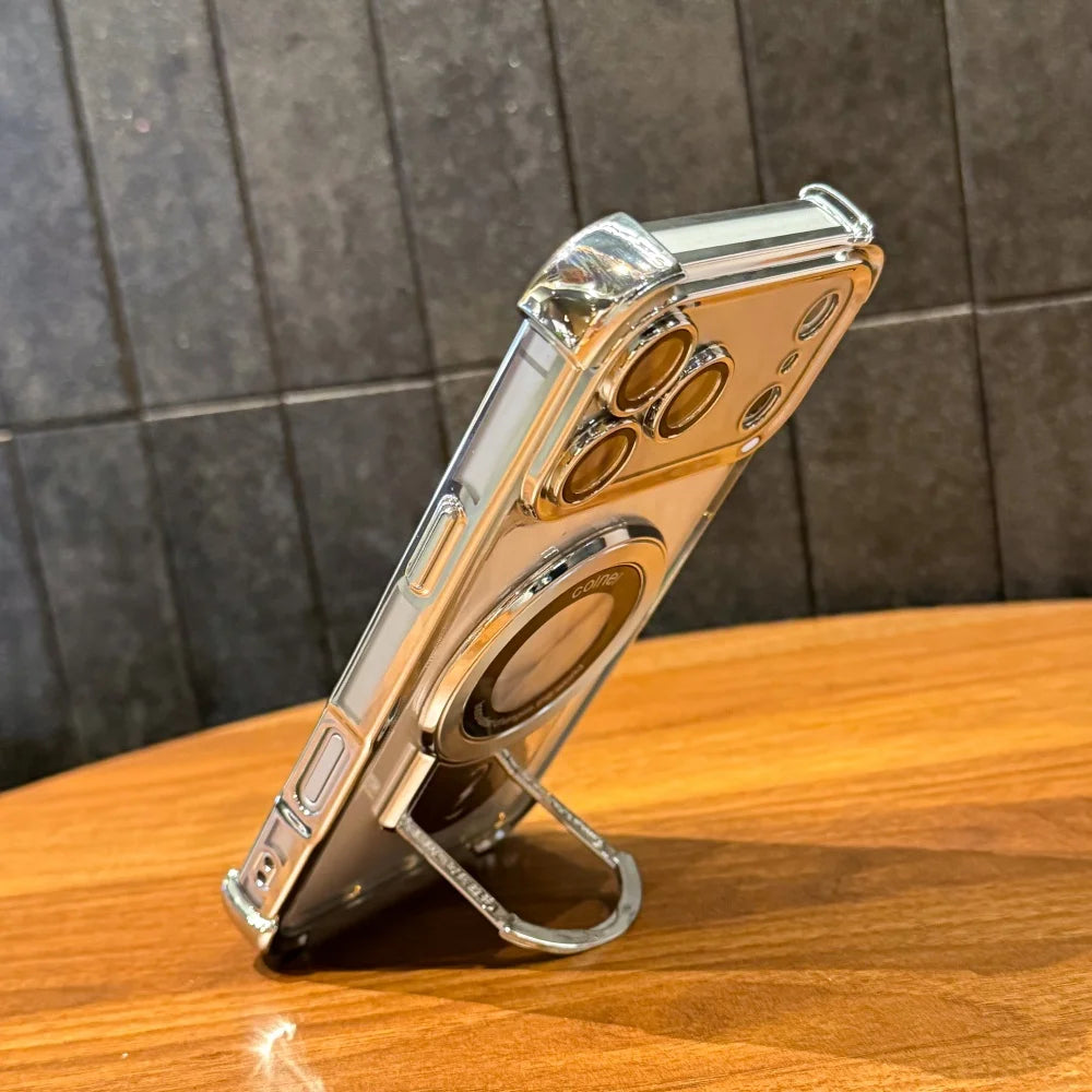 Plating Shockproof Magnetic Pulling Bracket Case For iPhone 17 16 15 14 Plus 13 12 11 Pro Max Air XR XS X Clear Bumper Cover