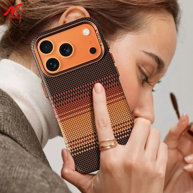 Business Carbon Fiber Inside Magsafe Case for iPhone 17 Pro Max 17Pro Metal Lens Protect Hard Armor Cover for iPhone 16 Pro Max