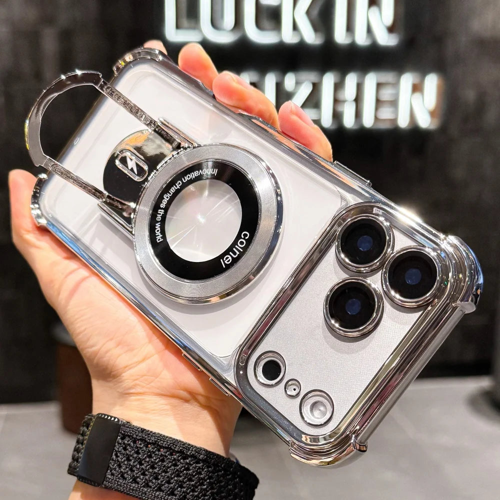 Plating Shockproof Magnetic Pulling Bracket Case For iPhone 17 16 15 14 Plus 13 12 11 Pro Max Air XR XS X Clear Bumper Cover