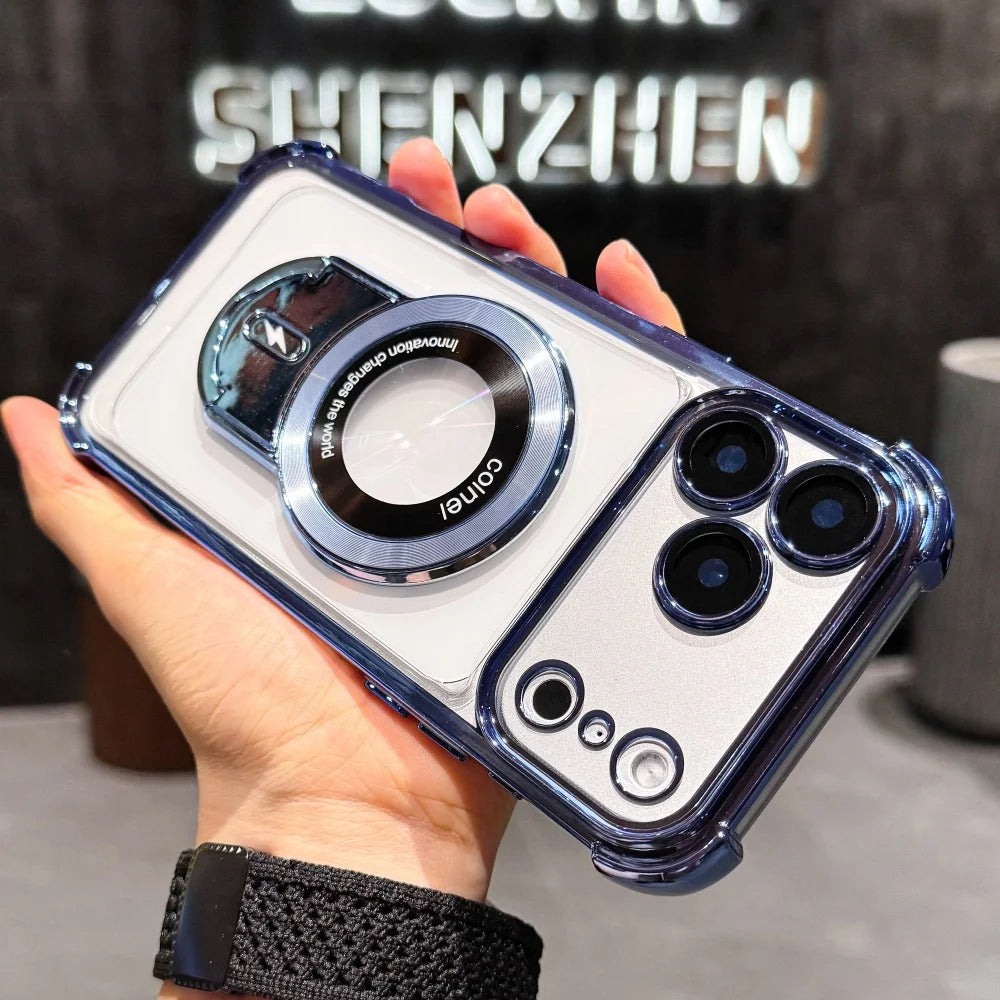 Plating Shockproof Magnetic Pulling Bracket Case For iPhone 17 16 15 14 Plus 13 12 11 Pro Max Air XR XS X Clear Bumper Cover