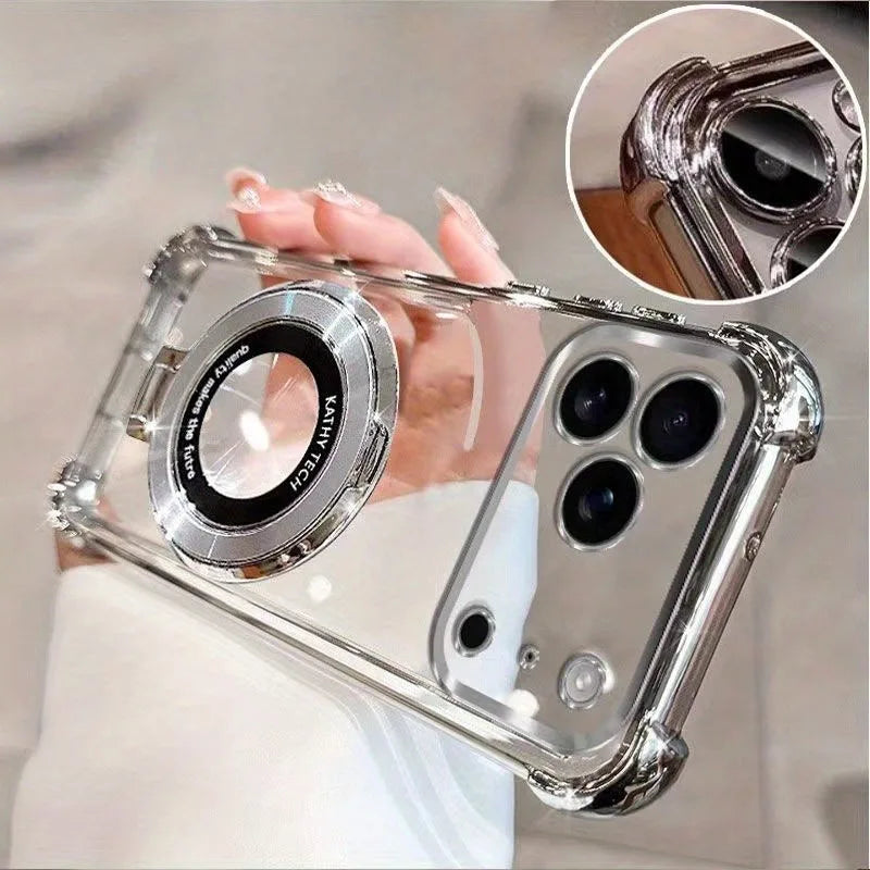 Premium Transparent Magnetic TPU Cover for iPhone 17 16 15 14 13 12 11 Pro Max 16 Plus 17 Air With Ring Stand Plated Clear Case