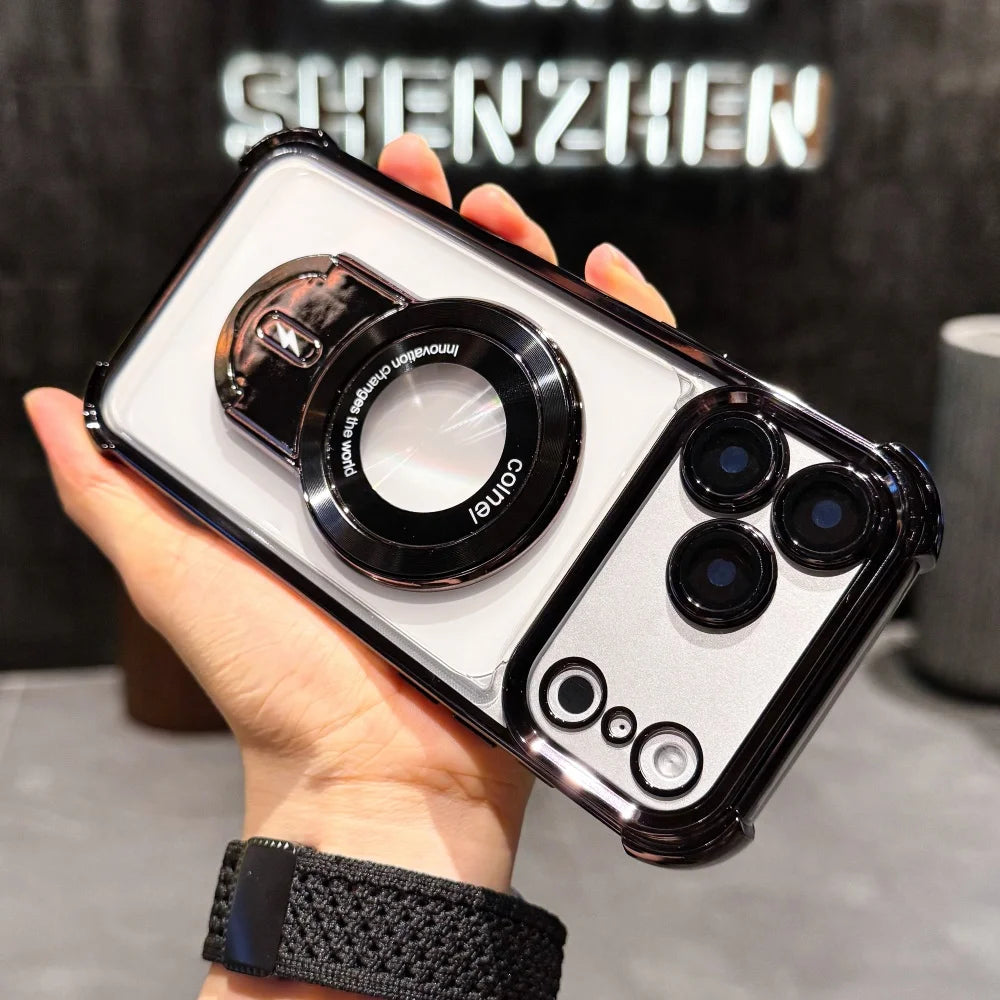 Plating Shockproof Magnetic Pulling Bracket Case For iPhone 17 16 15 14 Plus 13 12 11 Pro Max Air XR XS X Clear Bumper Cover