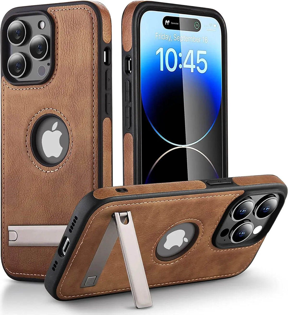 Leather Kickstand Phone Cases for iPhone 17 16 15 13 Pro Max 14 Plus 12 11 Mobile Case Shockproof Flexible Soft Grip Back Cover
