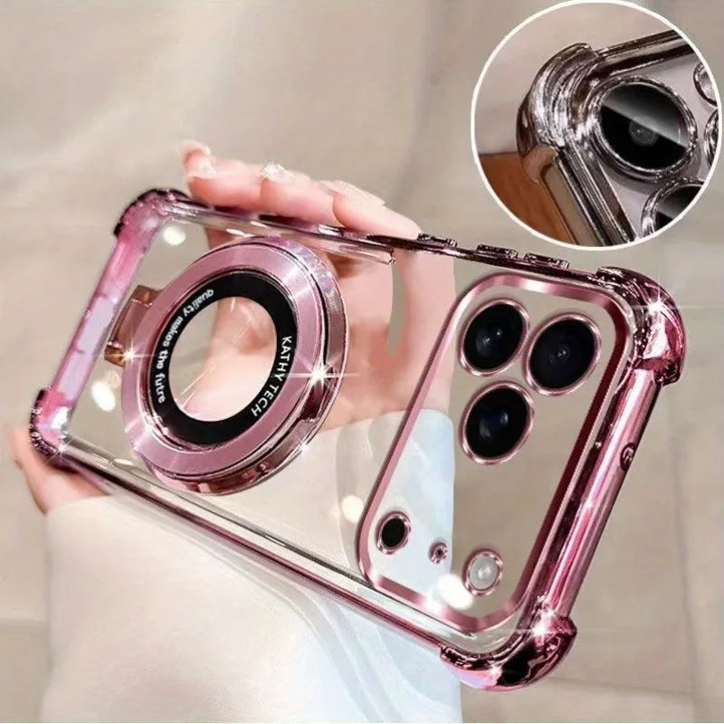 Premium Transparent Magnetic TPU Cover for iPhone 17 16 15 14 13 12 11 Pro Max 16 Plus 17 Air With Ring Stand Plated Clear Case