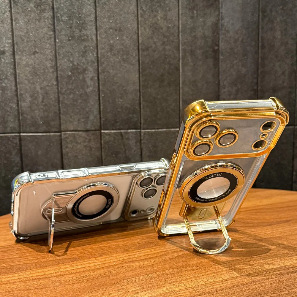 Plating Shockproof Magnetic Pulling Bracket Case For iPhone 17 16 15 14 Plus 13 12 11 Pro Max Air XR XS X Clear Bumper Cover