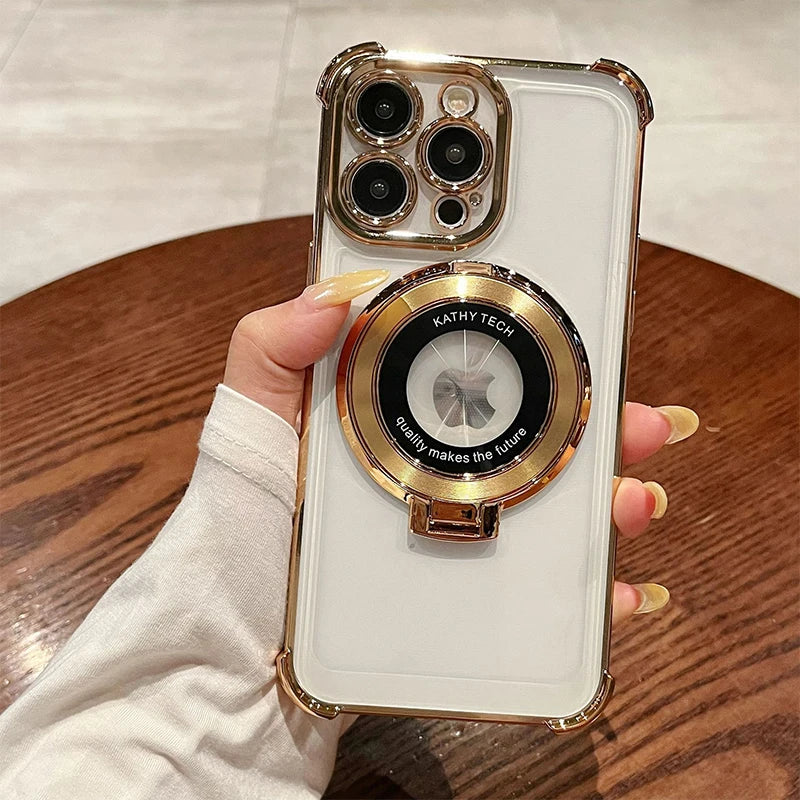 Premium Transparent Magnetic TPU Cover for iPhone 17 16 15 14 13 12 11 Pro Max 16 Plus 17 Air With Ring Stand Plated Clear Case