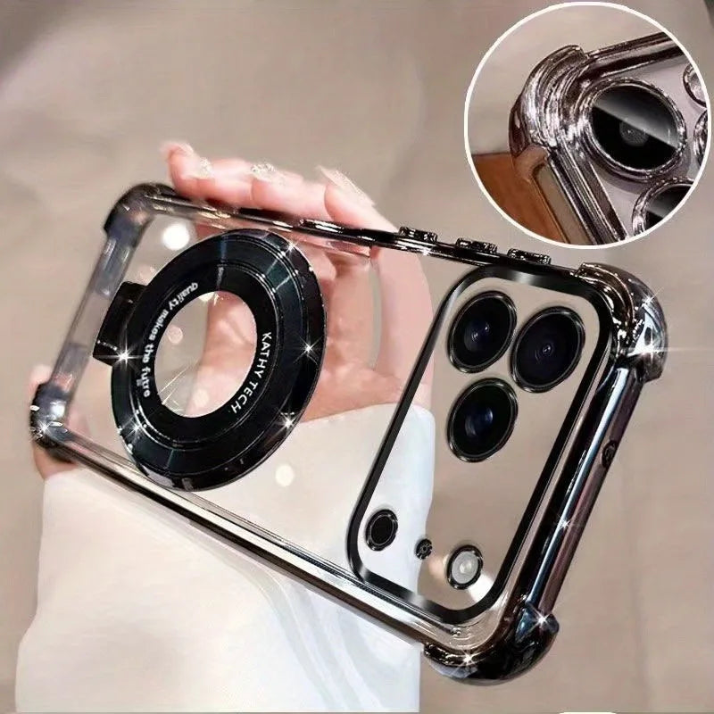 Premium Transparent Magnetic TPU Cover for iPhone 17 16 15 14 13 12 11 Pro Max 16 Plus 17 Air With Ring Stand Plated Clear Case