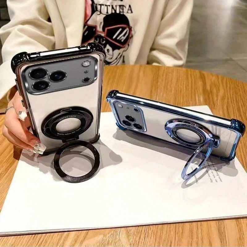 Premium Transparent Magnetic TPU Cover for iPhone 17 16 15 14 13 12 11 Pro Max 16 Plus 17 Air With Ring Stand Plated Clear Case