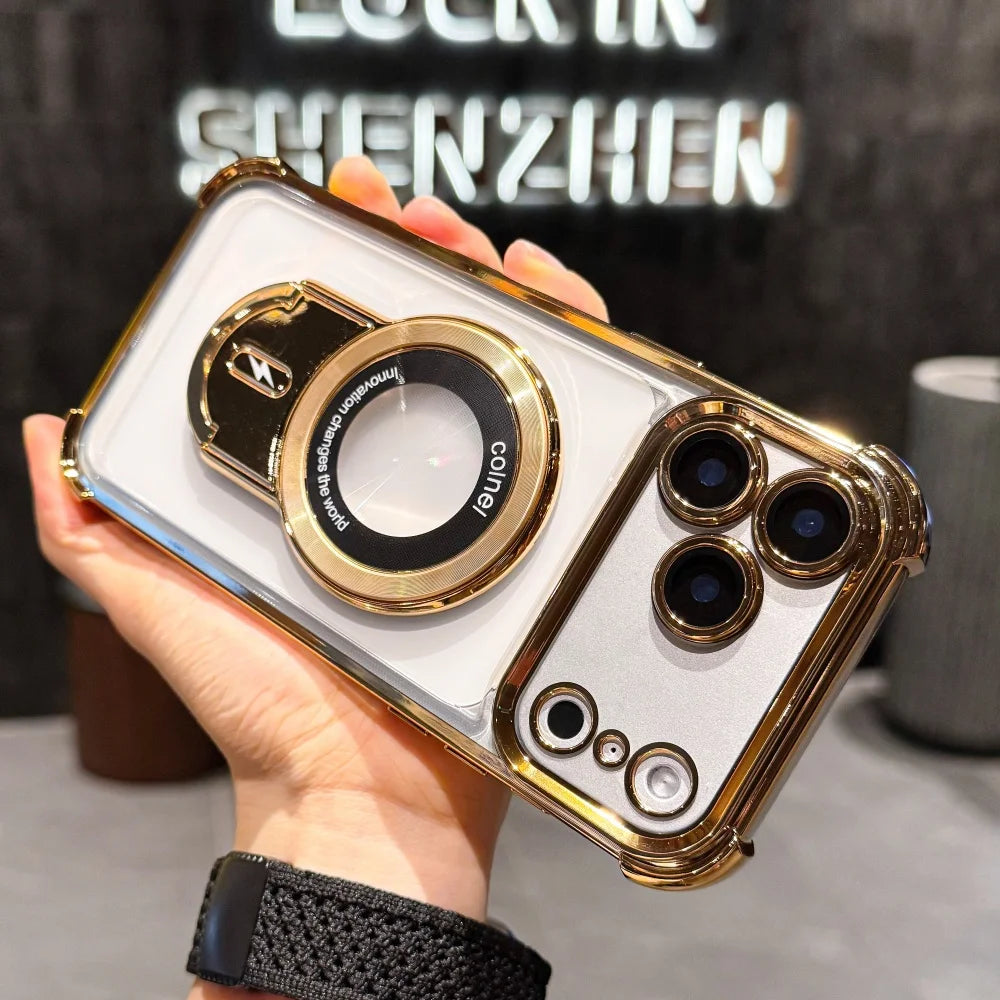 Plating Shockproof Magnetic Pulling Bracket Case For iPhone 17 16 15 14 Plus 13 12 11 Pro Max Air XR XS X Clear Bumper Cover