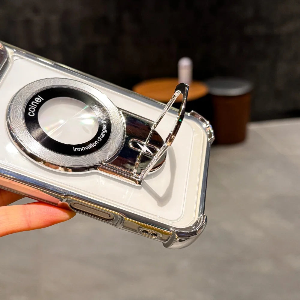 Plating Shockproof Magnetic Pulling Bracket Case For iPhone 17 16 15 14 Plus 13 12 11 Pro Max Air XR XS X Clear Bumper Cover